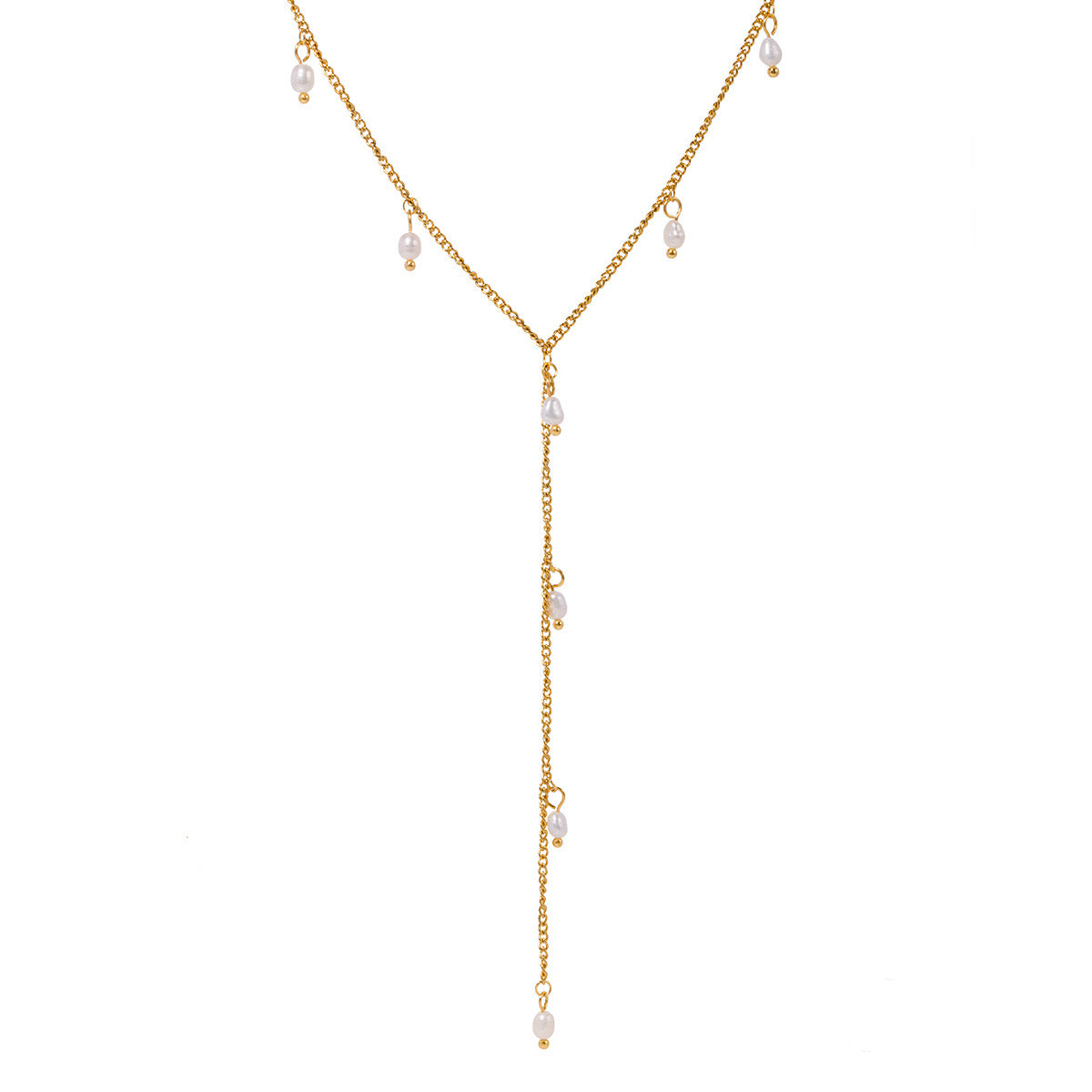 18K Gold Pearl Chain Lariat Necklace