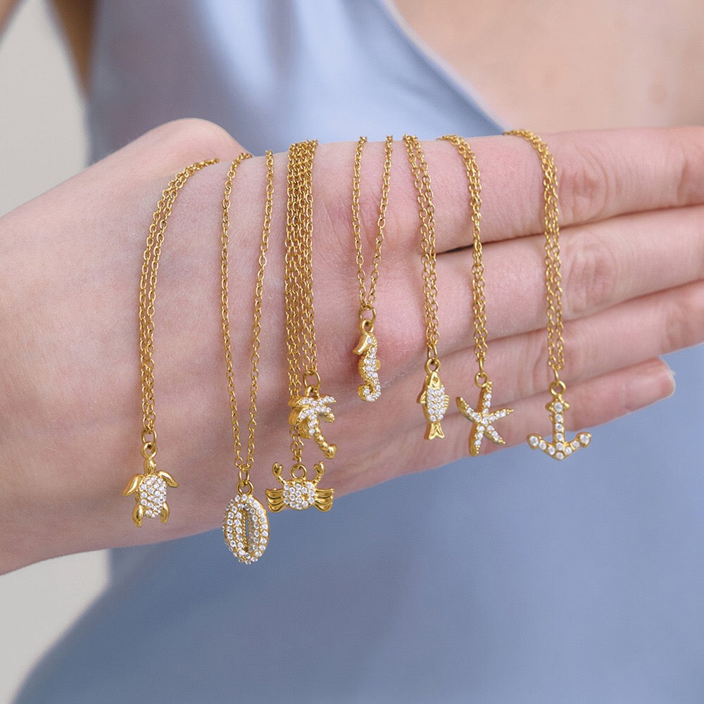 18K Gold Ocean Sparkle Seashell Palm Tree Dainty Pave Pendant Necklace Jewelry Set