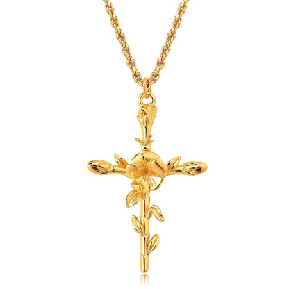 18K Gold Birth Flower Cross Pendant Necklace