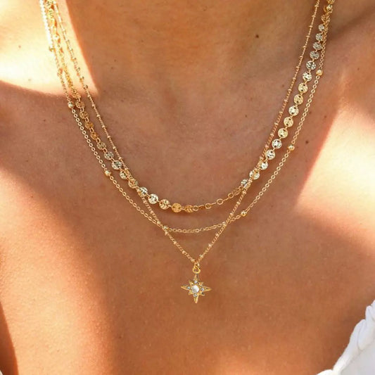 18K Gold Northern Star Pendant Chain Layered Necklace Set
