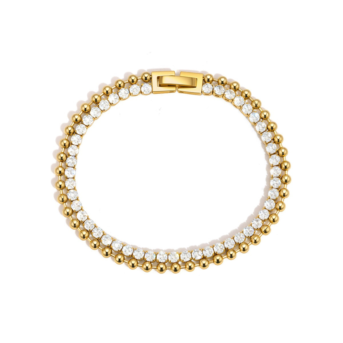 18K Gold The Pairing Simple Tennis Beaded Double Chain Dainty Bracelet Stacks