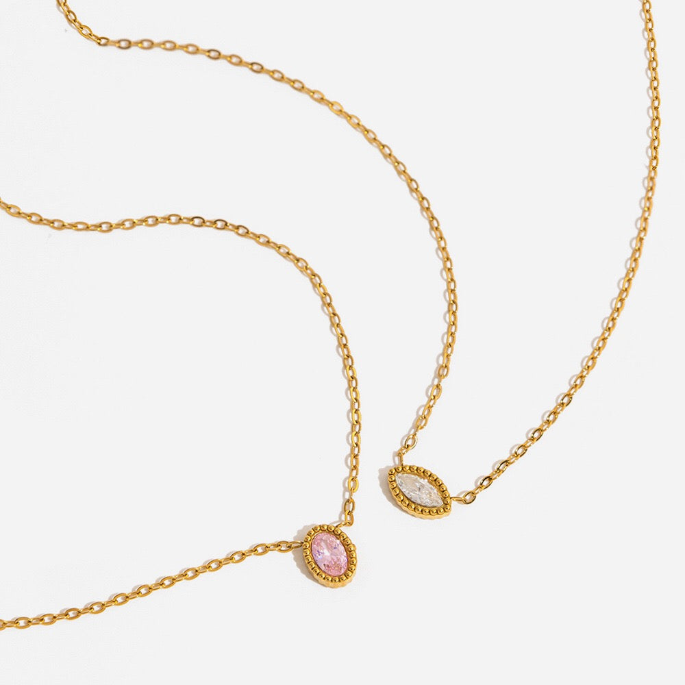 18K Gold Subtle Pink Dainty Bezel Pendant Necklace