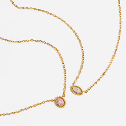 18K Gold Subtle Pink Dainty Bezel Pendant Necklace