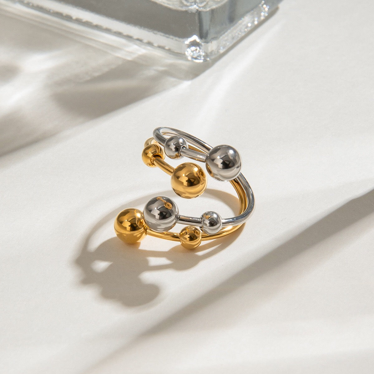 18K Gold and Silver Two Tone Orbit Beads Cuff Ring