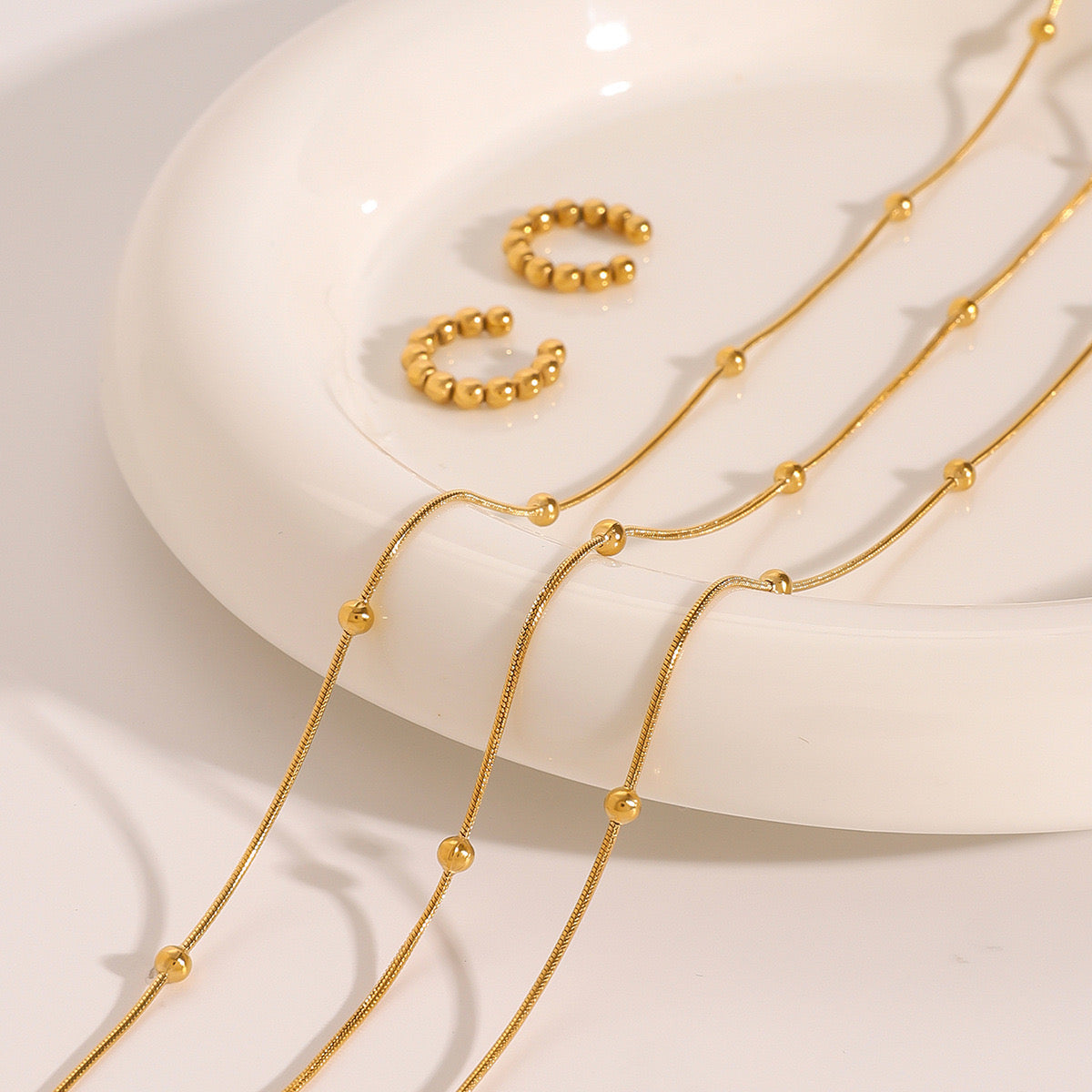 18K Gold Dainty Beaded Chain Layered Necklace Set