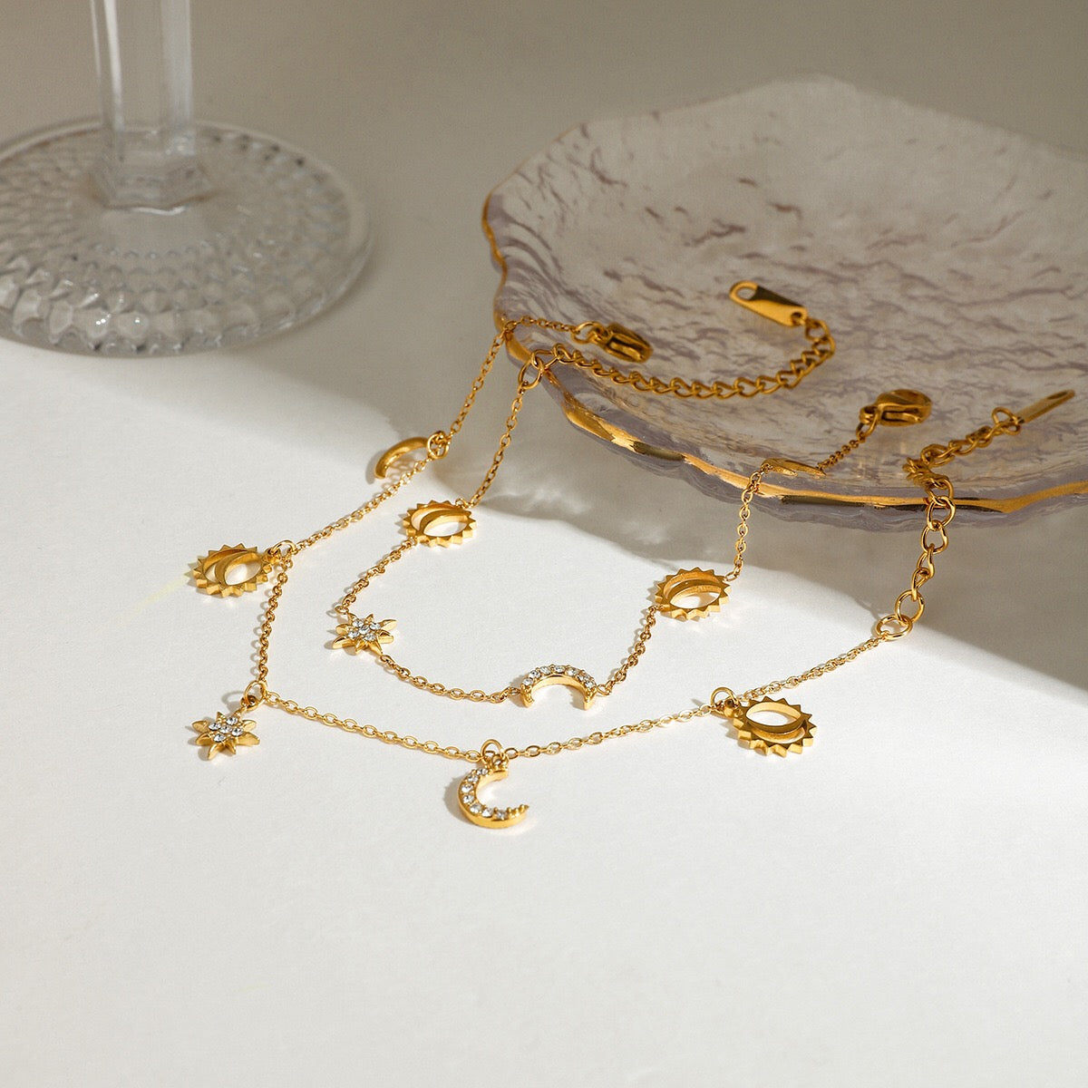 18K Gold Moon and Star Celestial Charm Chain Bracelet