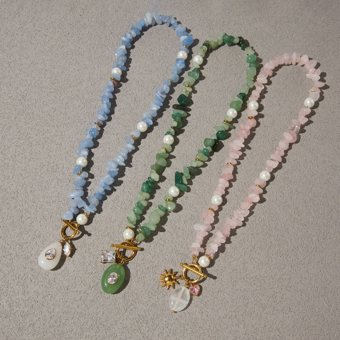 18K Gold Island Charm Natural Stone Beaded Necklace