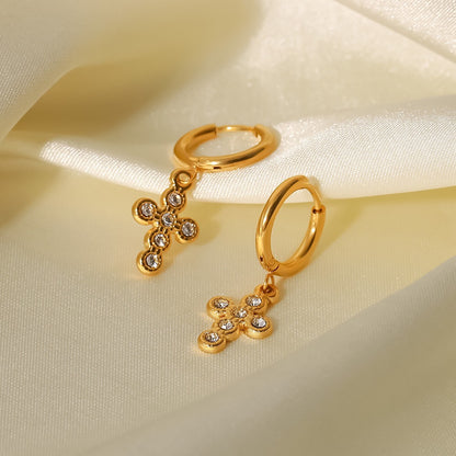 18K Gold Cross Small Hoop Huggie Earrings