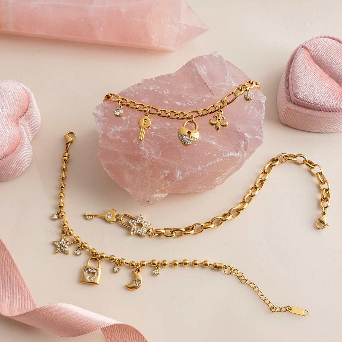 18K Gold Secret Lover Heart Lock and Key Charm Chunky Chain Bracelet