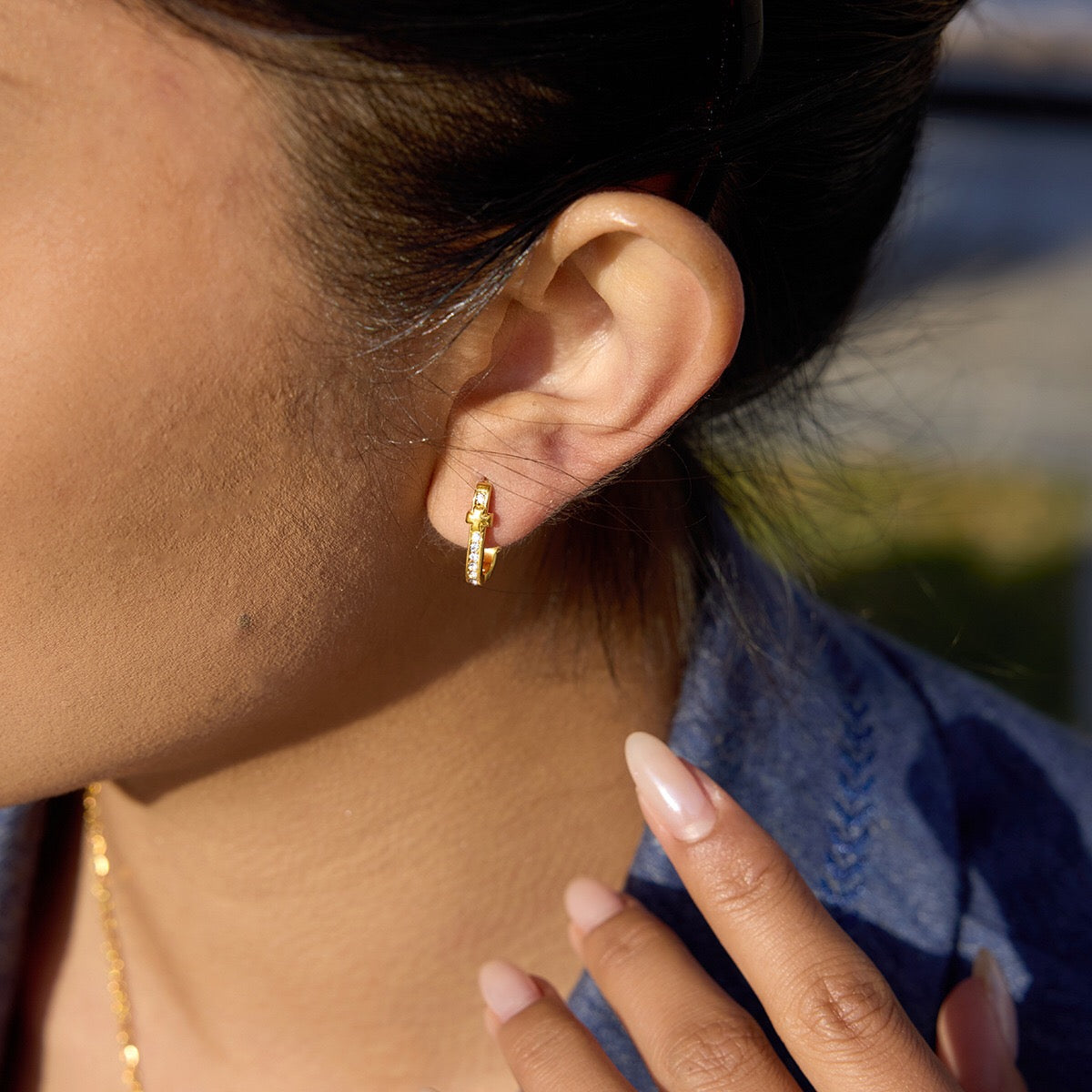 18K Gold Iced Frame Heart Small Rectangle Hoop Huggie Earrings