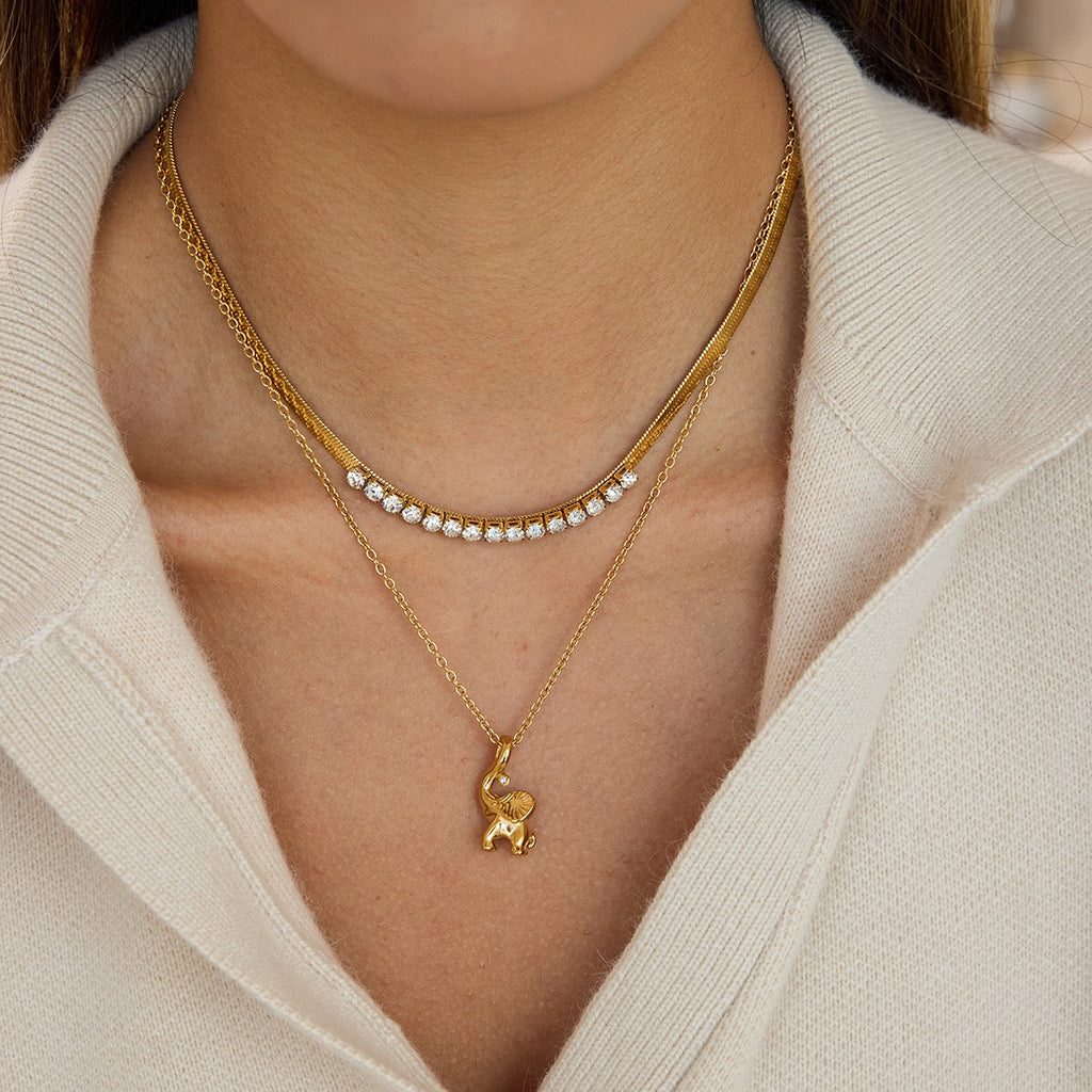 18K Gold Guardian Elephant Pendant Herringbone Snake Chain Layered Necklace Set