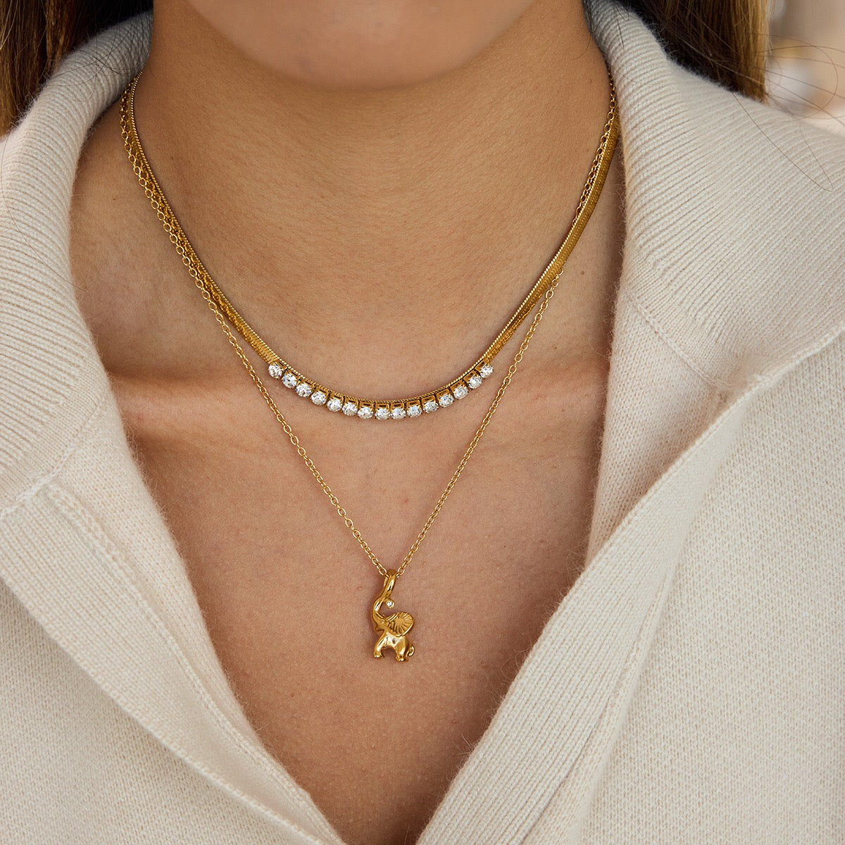 18K Gold Guardian Elephant Pendant Herringbone Snake Chain Layered Necklace Set