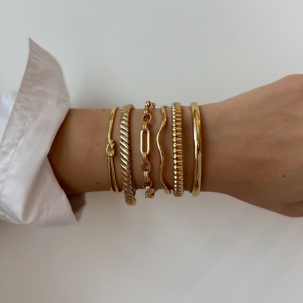 18K Gold Power Play Ribbed Cuff Bangle Paperclip Chain Bracelets Stack