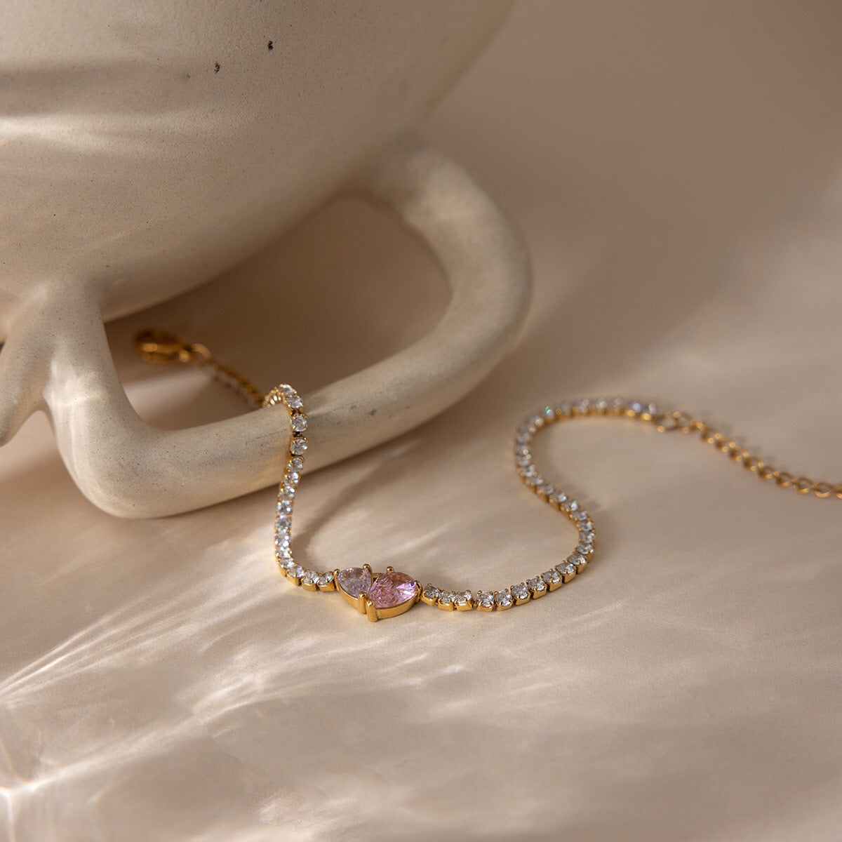 18K Gold Pink Promise Heart Dainty Tennis Chain Bracelet