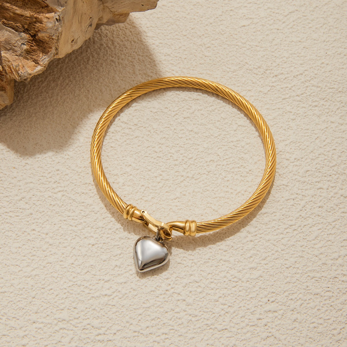 18K Gold and Silver Two Tone Heart Charm Bangle Bracelets