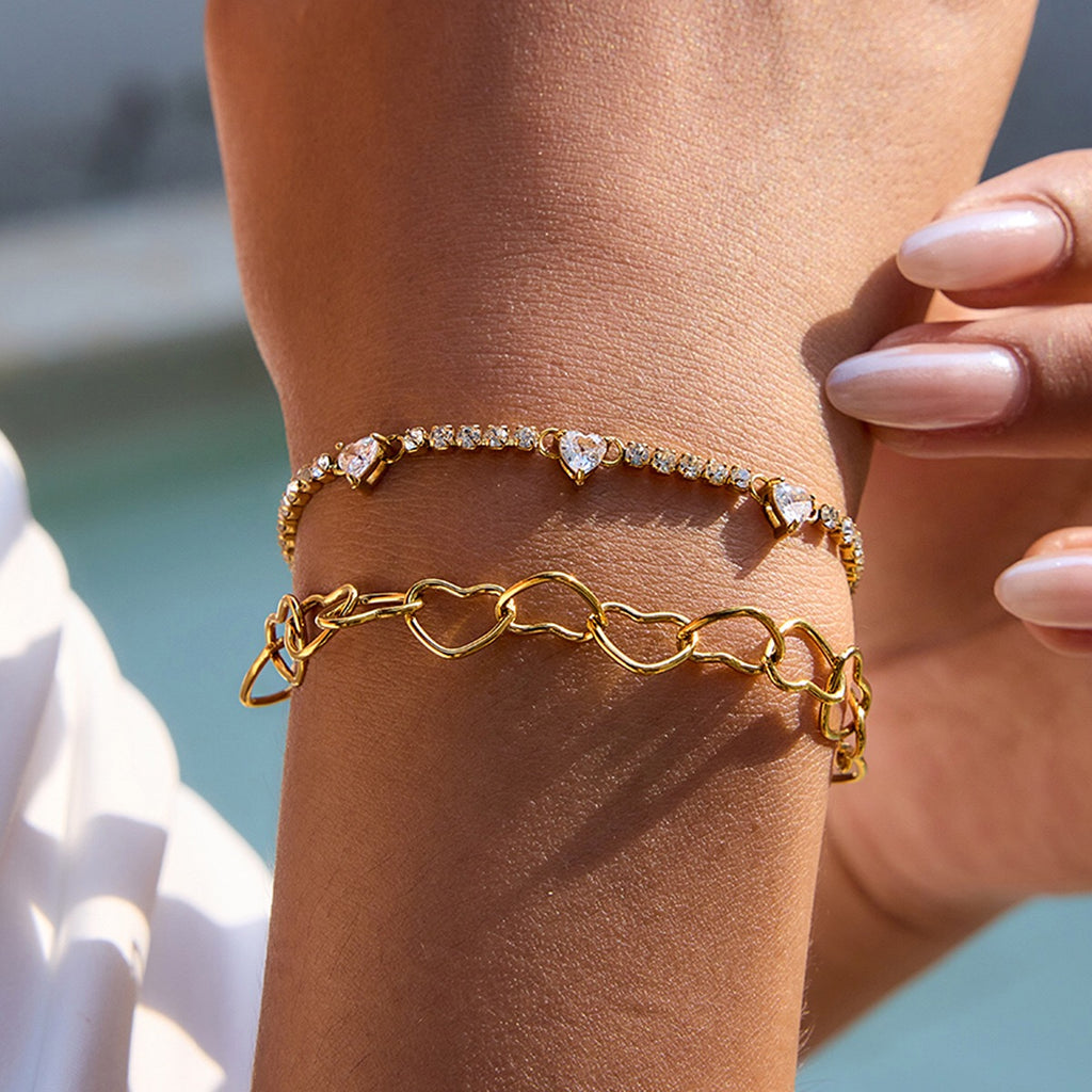 18K Gold Heartbreaker Heart Chain Tennis Dainty Chain Bracelet Stack