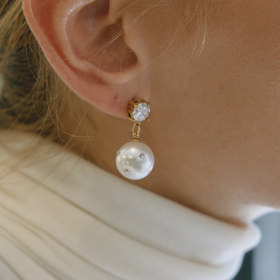18K Gold Eternal Gleam Pearl Drop CZ Stud Dangle Earrings