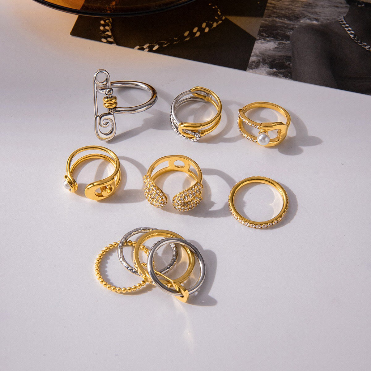 18K Gold Runway Chic Safety Pin CZ Pearl Statement Rings