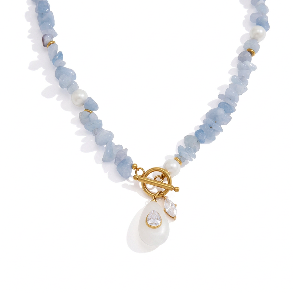 18K Gold Island Charm Natural Stone Beaded Necklace