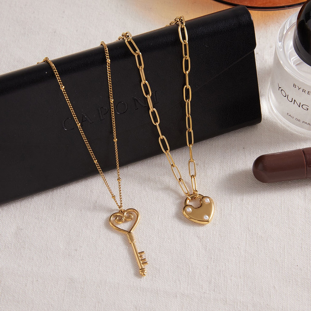 18K Gold Heart Keeper Pendant Paperclip Herringbone Snake Chain Layered Necklace Set