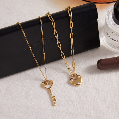 18K Gold Heart Keeper Pendant Paperclip Herringbone Snake Chain Layered Necklace Set