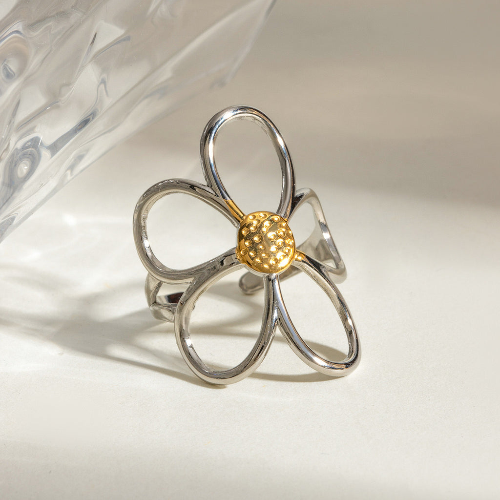 18K Gold Two Tone Daisy Flower Silver Ring