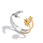 18K Gold Star and Moon Two Tone Silver Ring