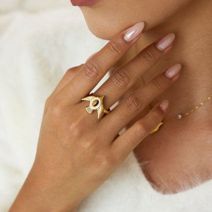 18K Gold Free Spirit Tiger Eye Bird Ring