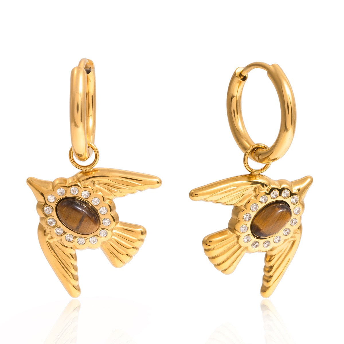 18K Gold Free Spirit Tiger Eye Small Hoop Huggie Dangle Earrings