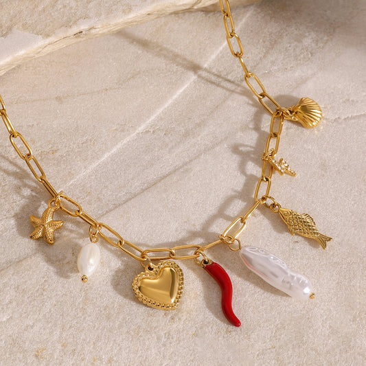 18K Gold Summer Beach Pearl Italian Horn Charm Necklace