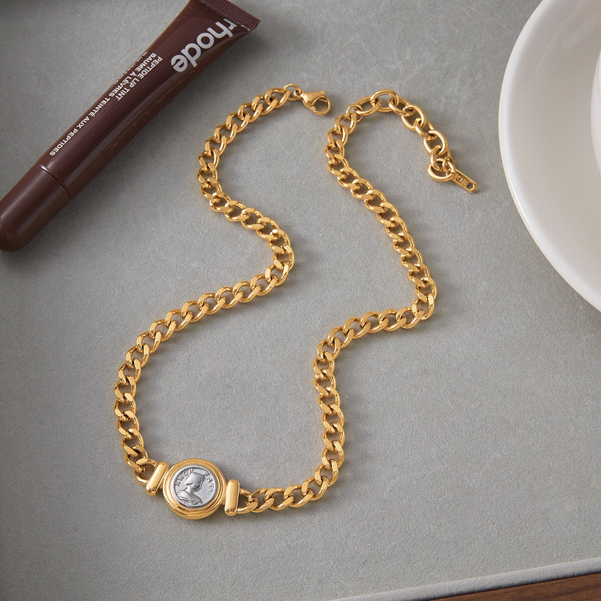18K Gold and Silver Two Tone Coin Curb Chain Statement Choker Necklace