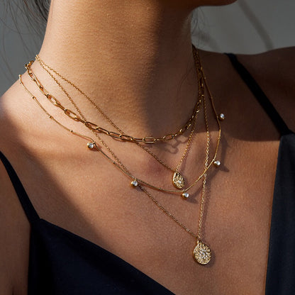 18K Gold Cascading Sun Pedant Paperclip Chain Layered Necklace Set