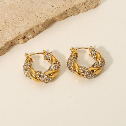 18K Gold Bling Twisted Small Hoop Huggie Earrings