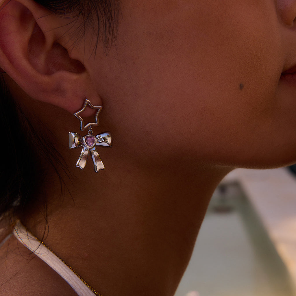 18K Gold Silver Star Pink Jewel Bow Statement Stud Dangle Earrings