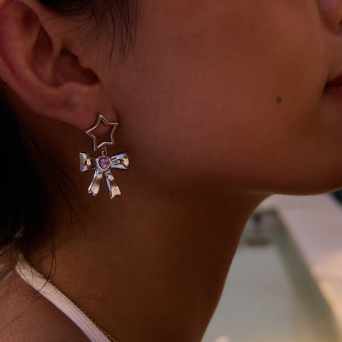 18K Gold Silver Star Pink Jewel Bow Statement Stud Dangle Earrings
