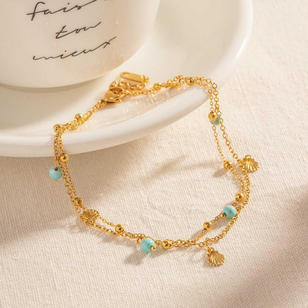 18K Gold Seabreeze Shell Double Chain Dainty Anklet