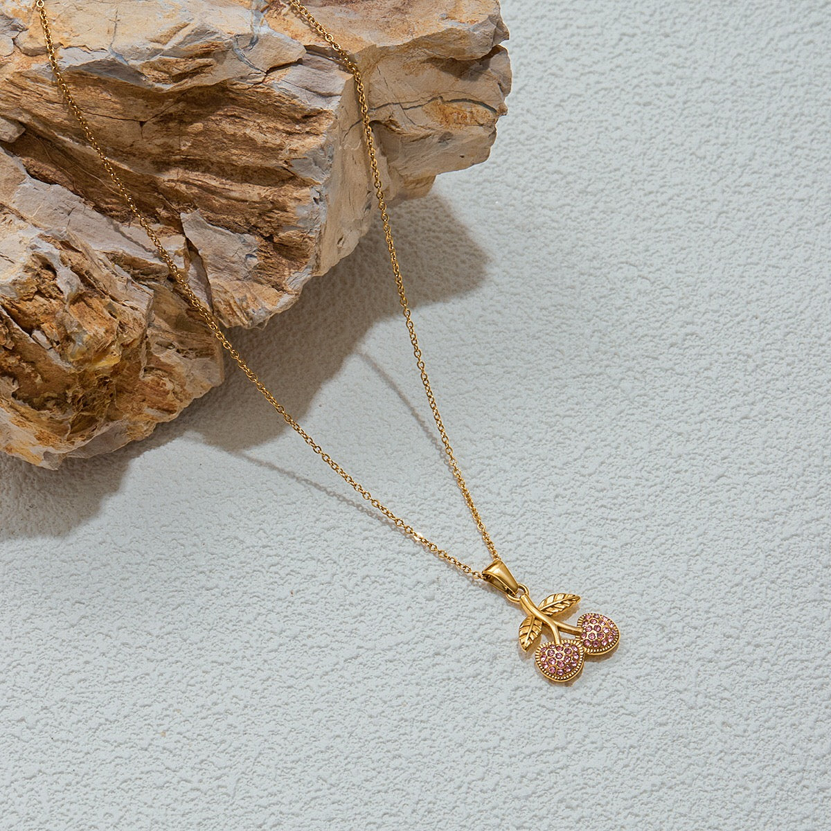18K Gold Pink Cherry Pendant Herringbone Chain Layered Necklace Set