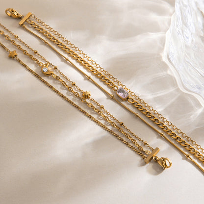 18K Gold Petite Joys Moon and Star Pink Jewel Dainty Three Chain Bracelet
