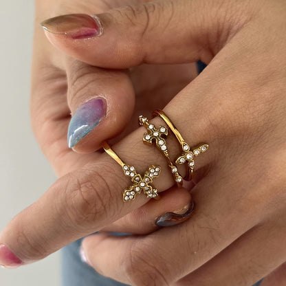 18K Gold Grace Cross Pave Stacking Rings