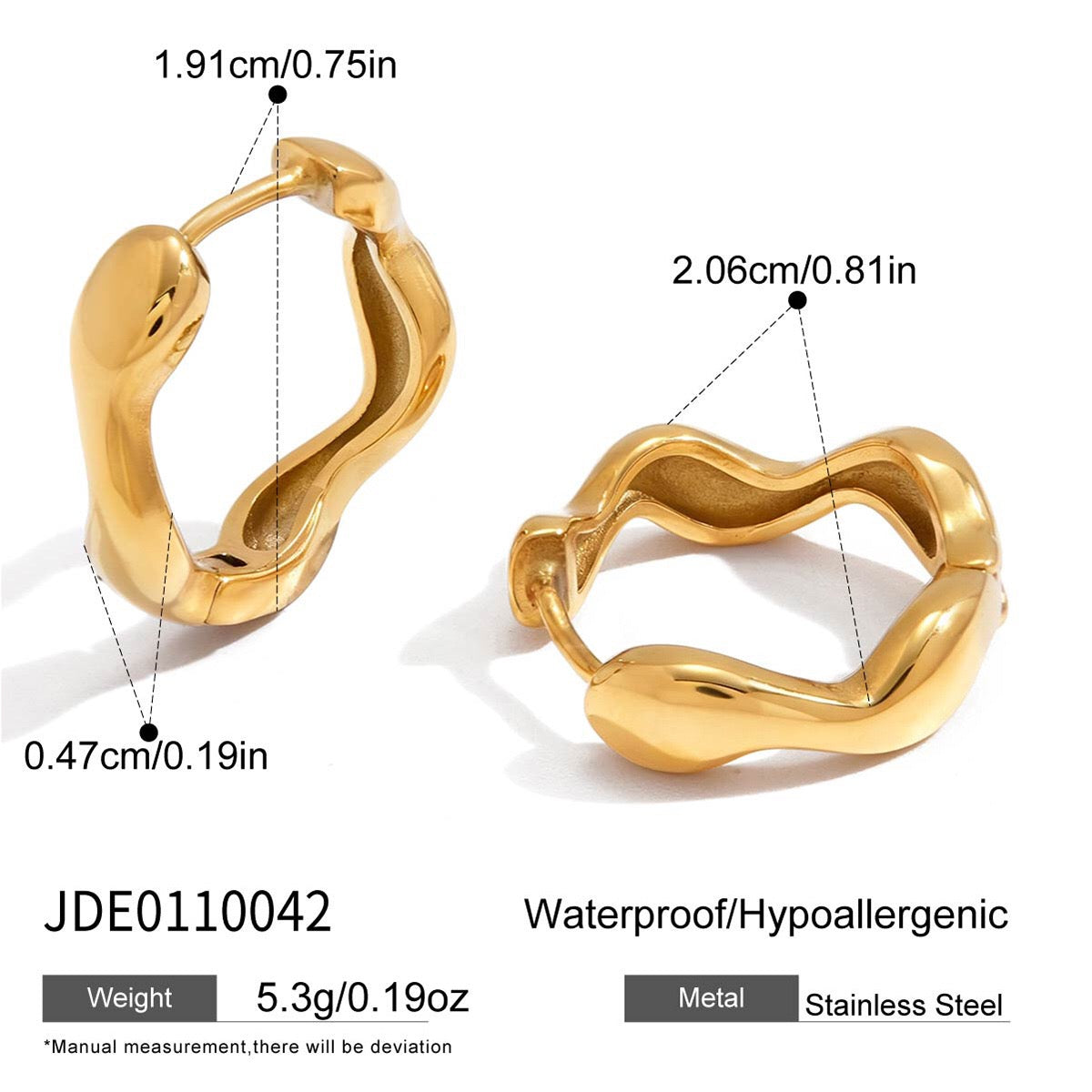 18K Gold Smooth Sway Wave Huggie Earrings Cartilage Studs Ear Cuffs Stack