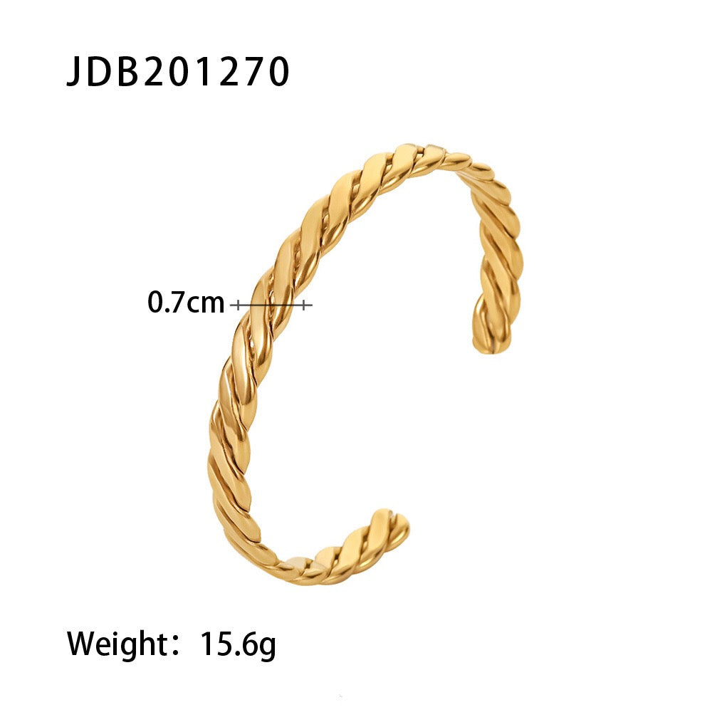 18K Gold Power Play Ribbed Cuff Bangle Paperclip Chain Bracelets Stack
