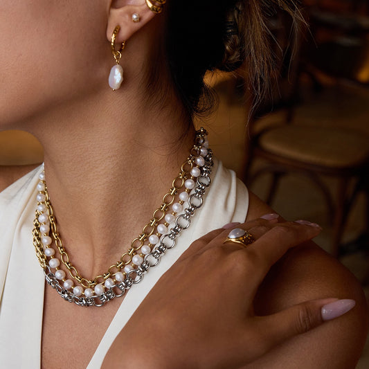 18K Gold and Silver Two Tone Circle Chunky Chain Layered Necklace Set