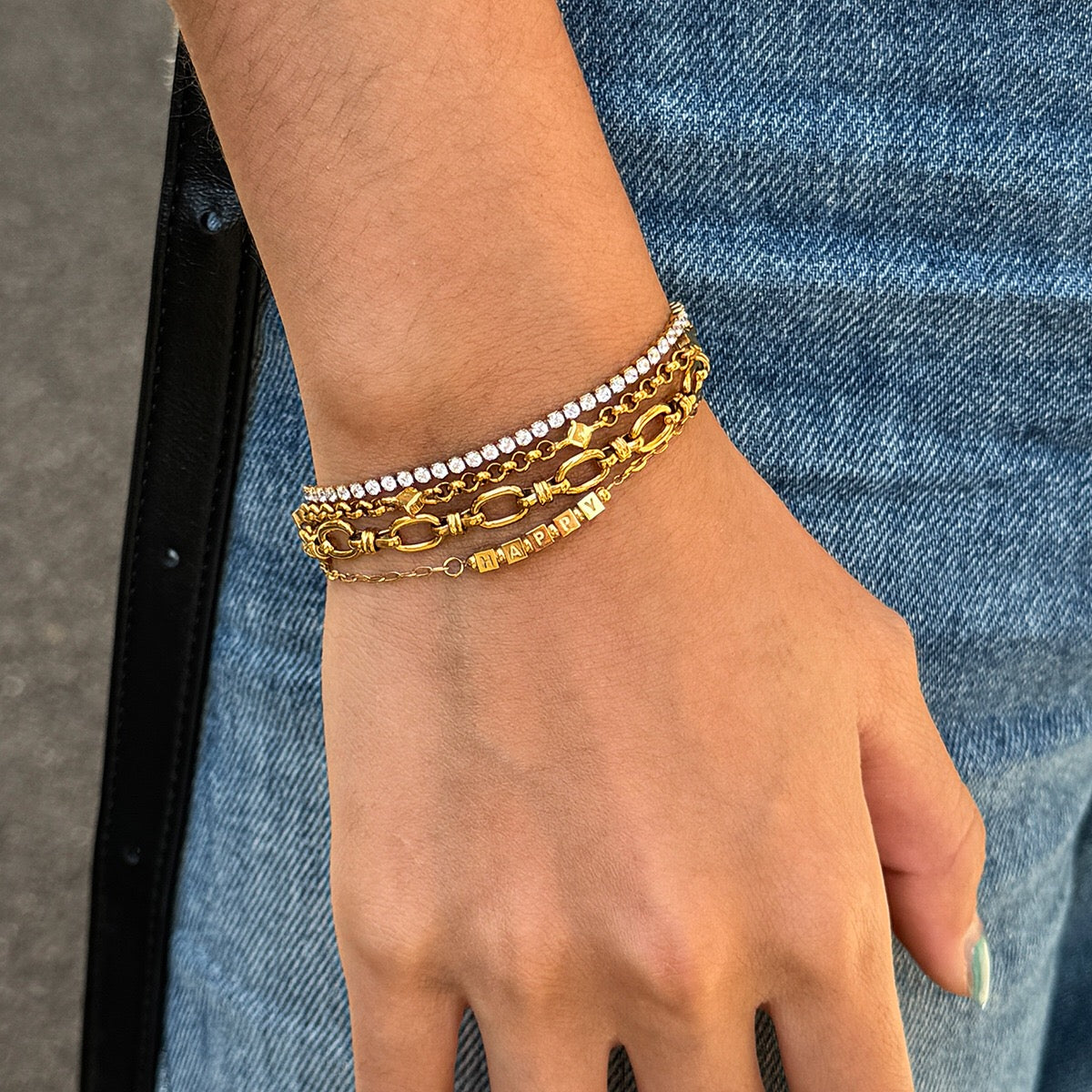 18K Gold HAPPY Letter Dainty Chain Bracelet