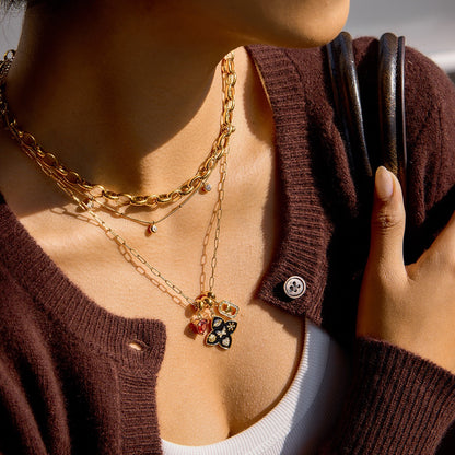 18K Gold Deep Romance Red Heart Pendant Butterfly Flower Charm Necklace