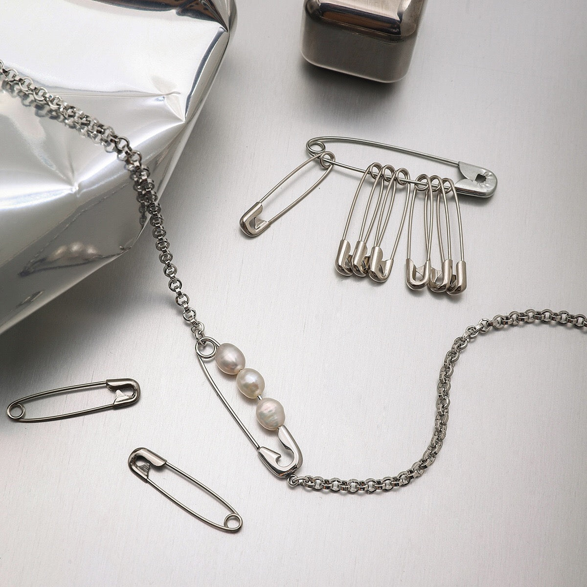 18K Gold and Silver Starry Bow Pendant Pearl Safety Pin Chain Layered Necklace Set
