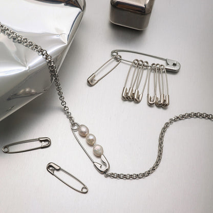 18K Gold and Silver Starry Bow Pendant Pearl Safety Pin Chain Layered Necklace Set