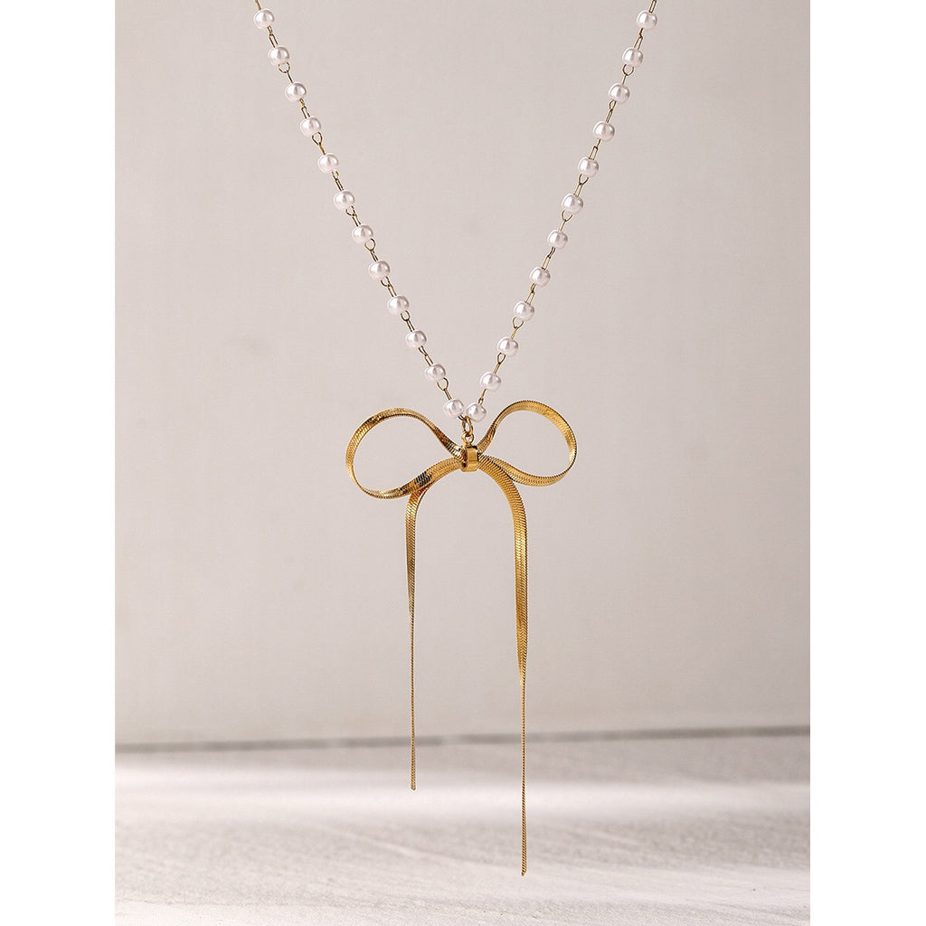 18K Gold Ribbon Bow Pearl Chain Pendant Necklace
