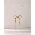18K Gold Ribbon Bow Pearl Chain Pendant Necklace