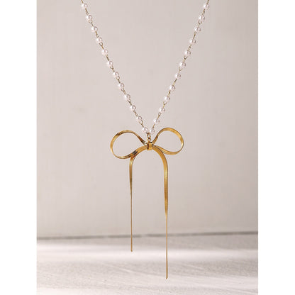 18K Gold Ribbon Bow Pearl Chain Pendant Necklace