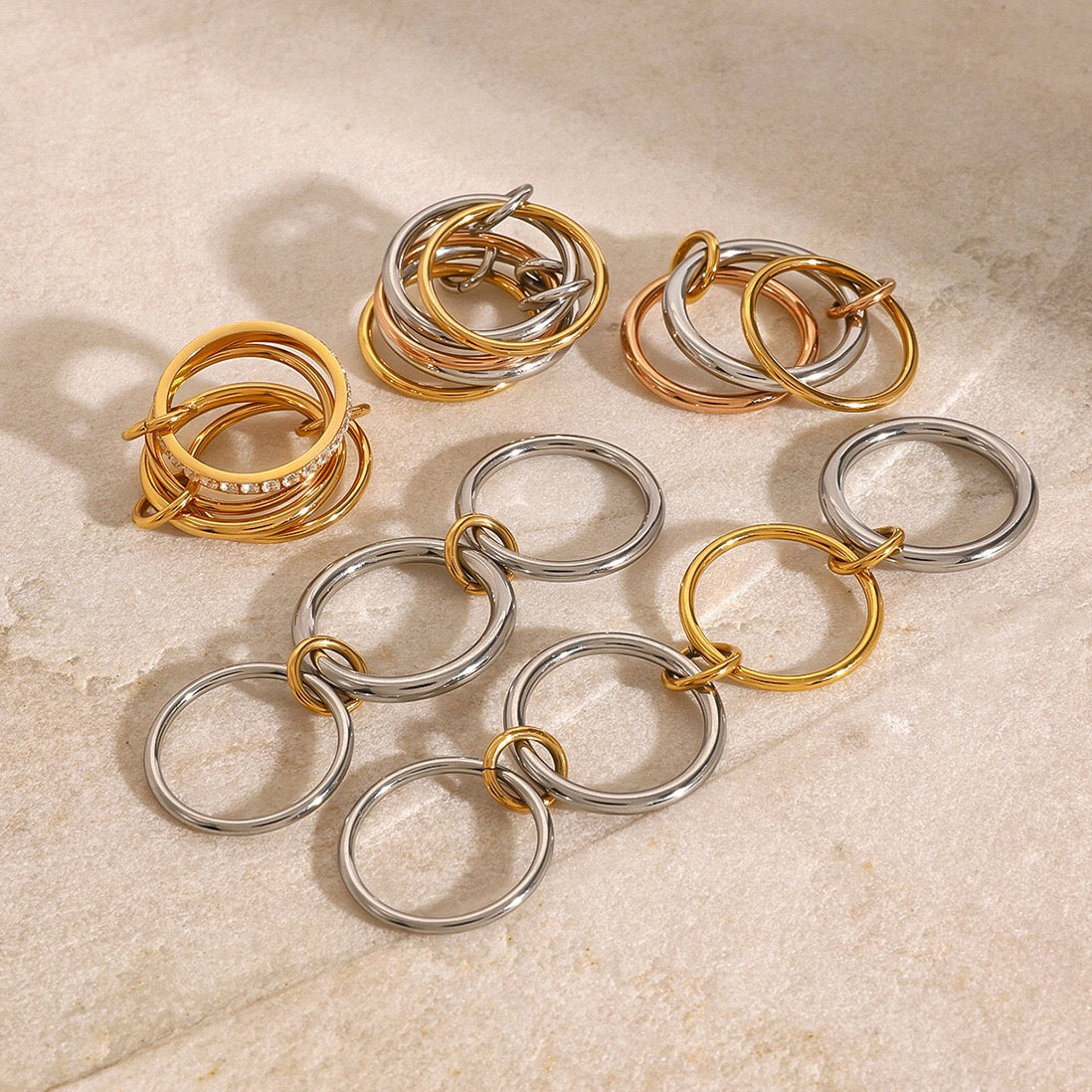 18K Gold and Silver Two Tone Connected Multi Layers Spinelli Stacking Rings